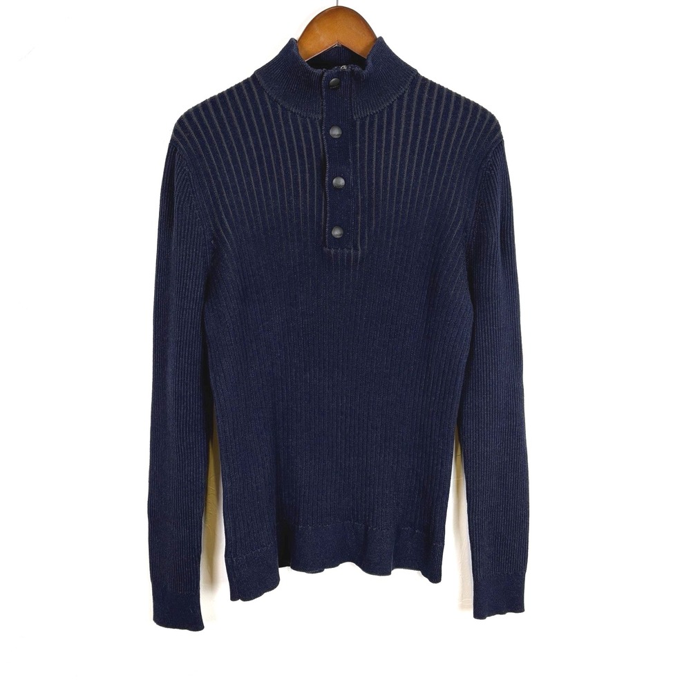 Express Men's Sweater Size L Navy Blue‎ 1/4 Zip and Snap Ribbed Stretch Fitted